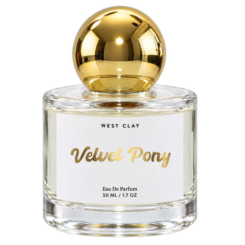 Velvet Pony Eau de Parfum by West Clay, 50 mL transparent bottle