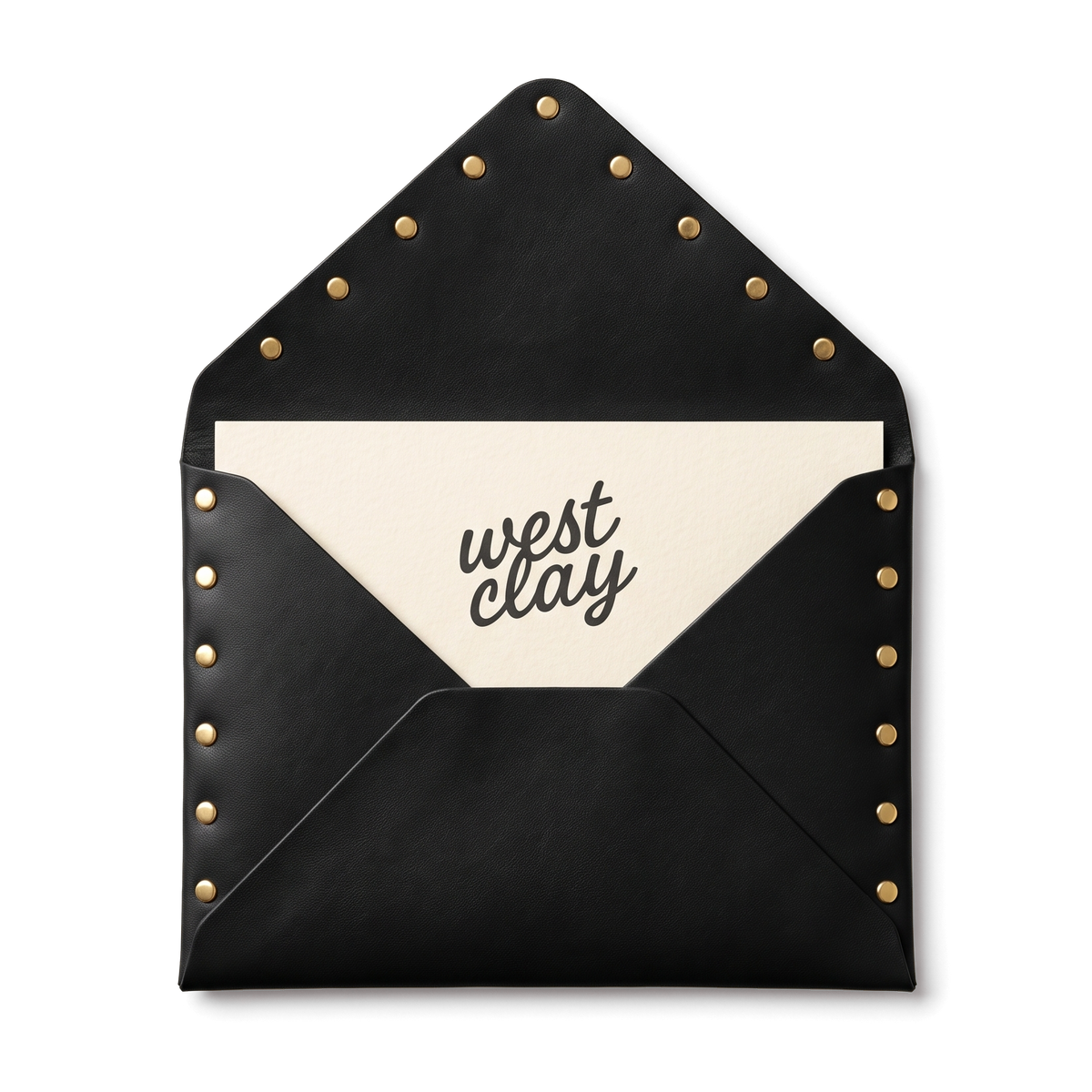West Clay gift card in a black studded envelope